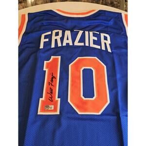 Walt Frazier Autographed/Signed Jersey Beckett Sticker Blue Jersey